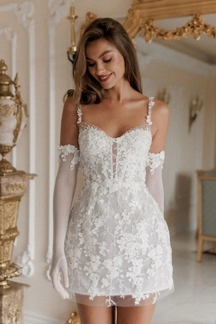 Romantic Preal Appliqué Mini Bridal Dress with Sheer Gloves SW102 - SHEER FAIRY
