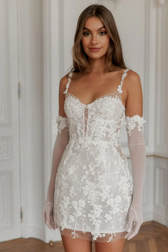 Romantic Preal Appliqué Mini Bridal Dress with Sheer Gloves SW102 - SHEER FAIRY