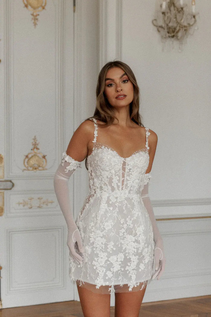Romantic Preal Appliqué Mini Bridal Dress with Sheer Gloves SW102 - SHEER FAIRY