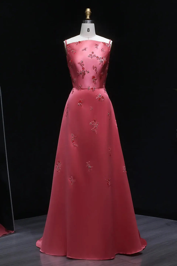 Rose Pink Satin Strapless A-Line Evening Dress SF302 Sheer Fairy