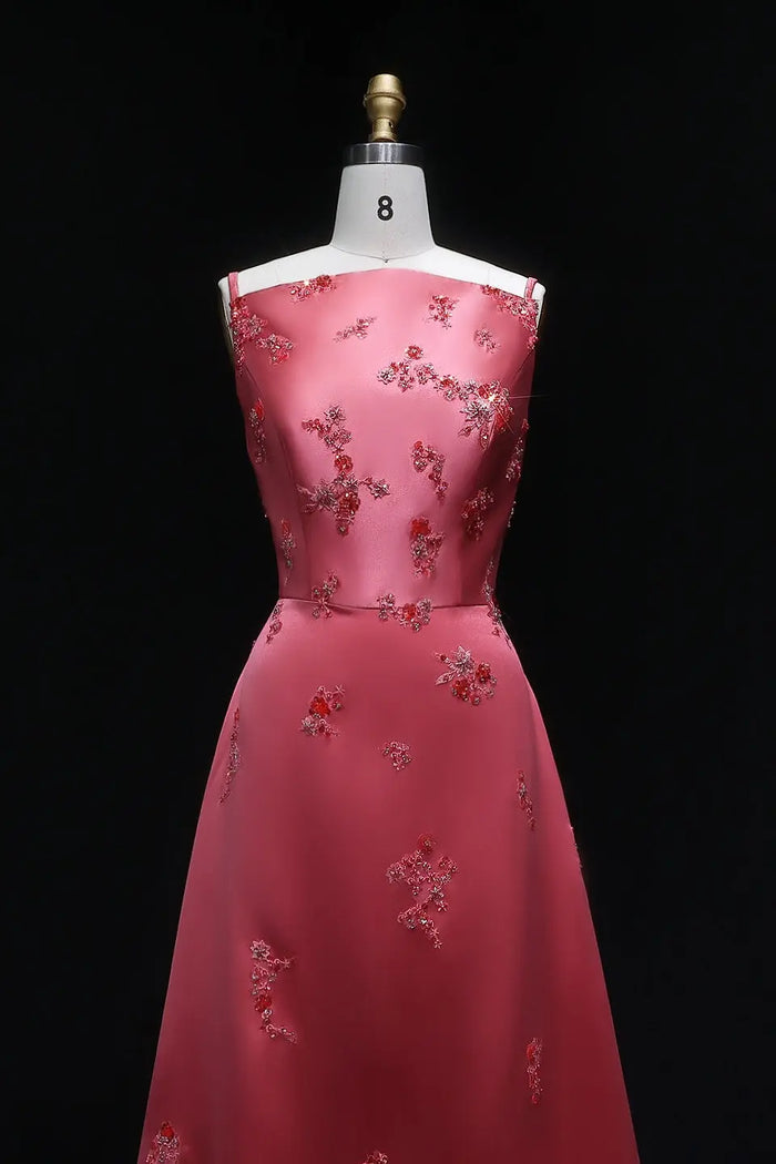Rose Pink Satin Strapless A-Line Evening Dress SF302 Sheer Fairy