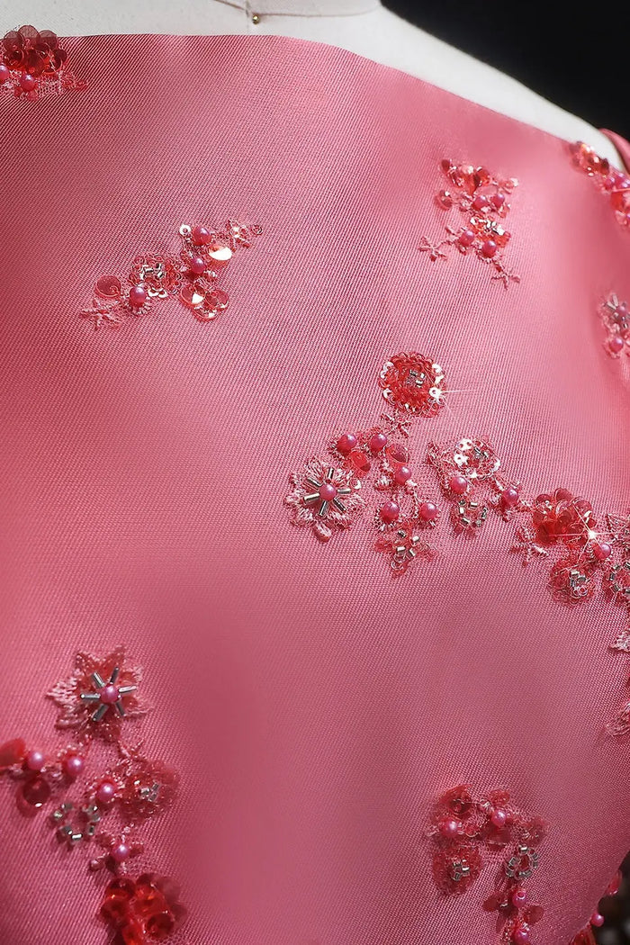 Rose Pink Satin Strapless A-Line Evening Dress SF302 Sheer Fairy