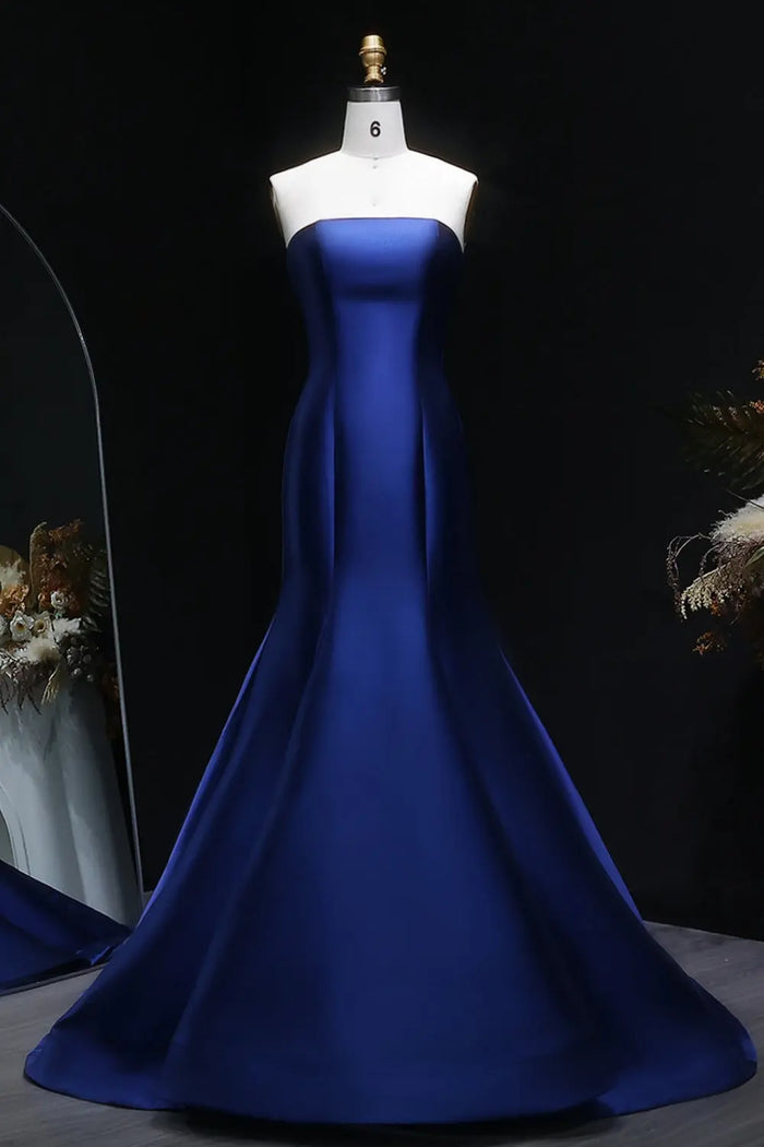 Royal Satin Off Shoulder Mermaid Navy Blue Evening Dress SF309 Sheer Fairy