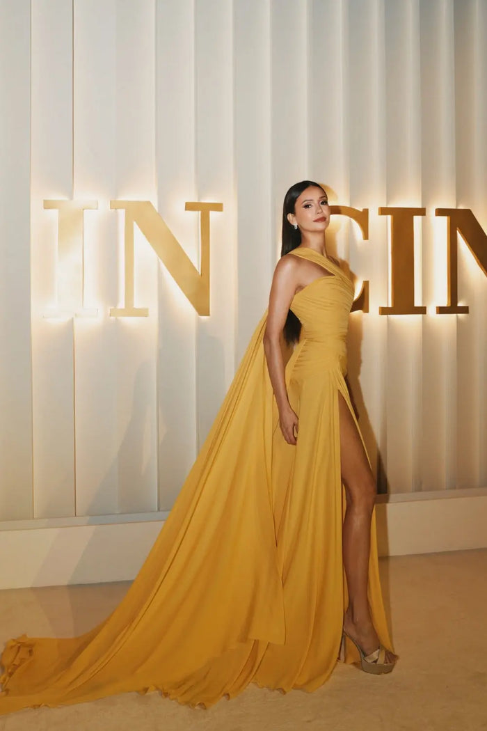 Ruched Sheath Mustard Yellow One-Shoulder Evening Dress SF009 Sheer Fairy