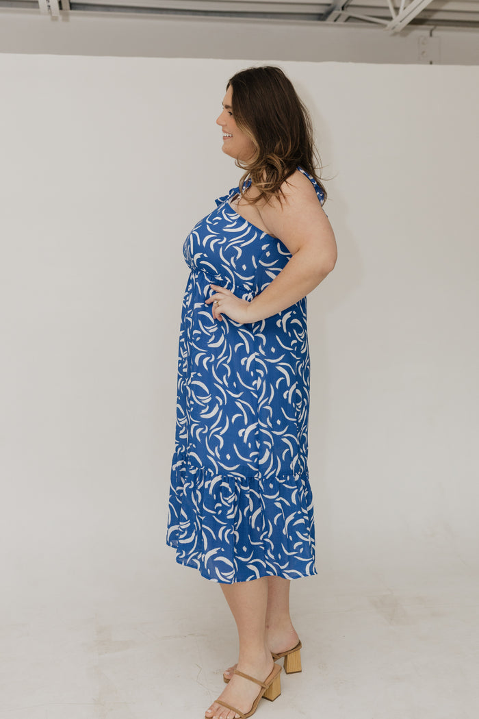RUFFLE STRAP KICK HEM ABSTRACT PATTERN MIDI DRESS