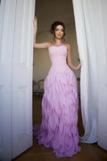 Ruffled Chiffon Pink Strapless A-Line Evening Dress SF452 Sheer Fairy