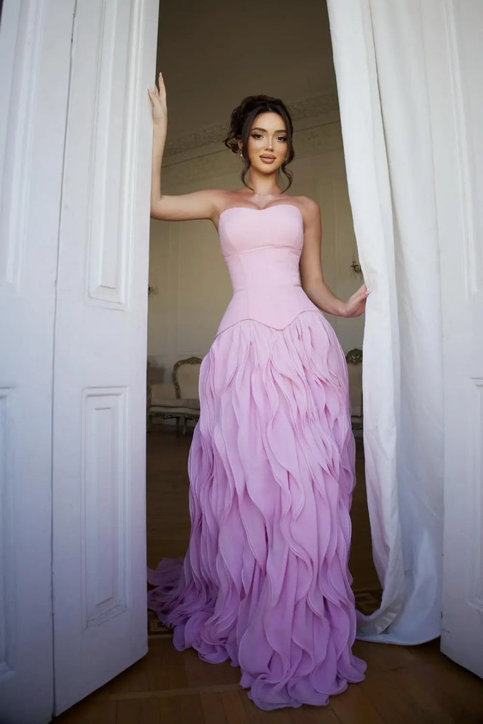 Ruffled Chiffon Pink Strapless A-Line Evening Dress SF452 Sheer Fairy