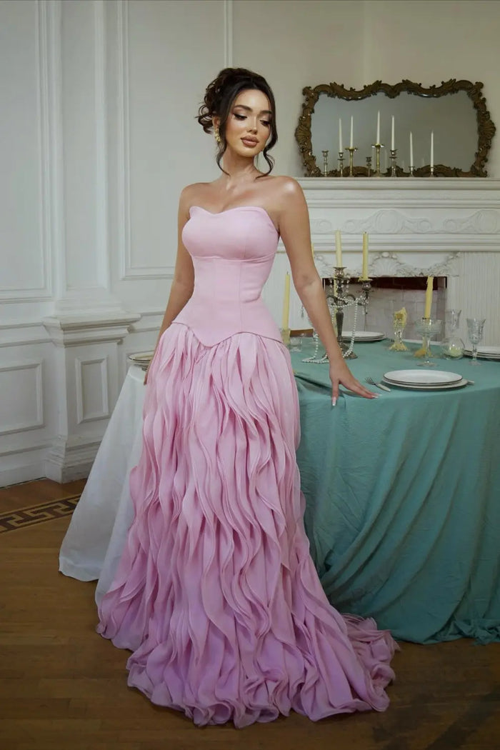 Ruffled Chiffon Pink Strapless A-Line Evening Dress SF452 Sheer Fairy