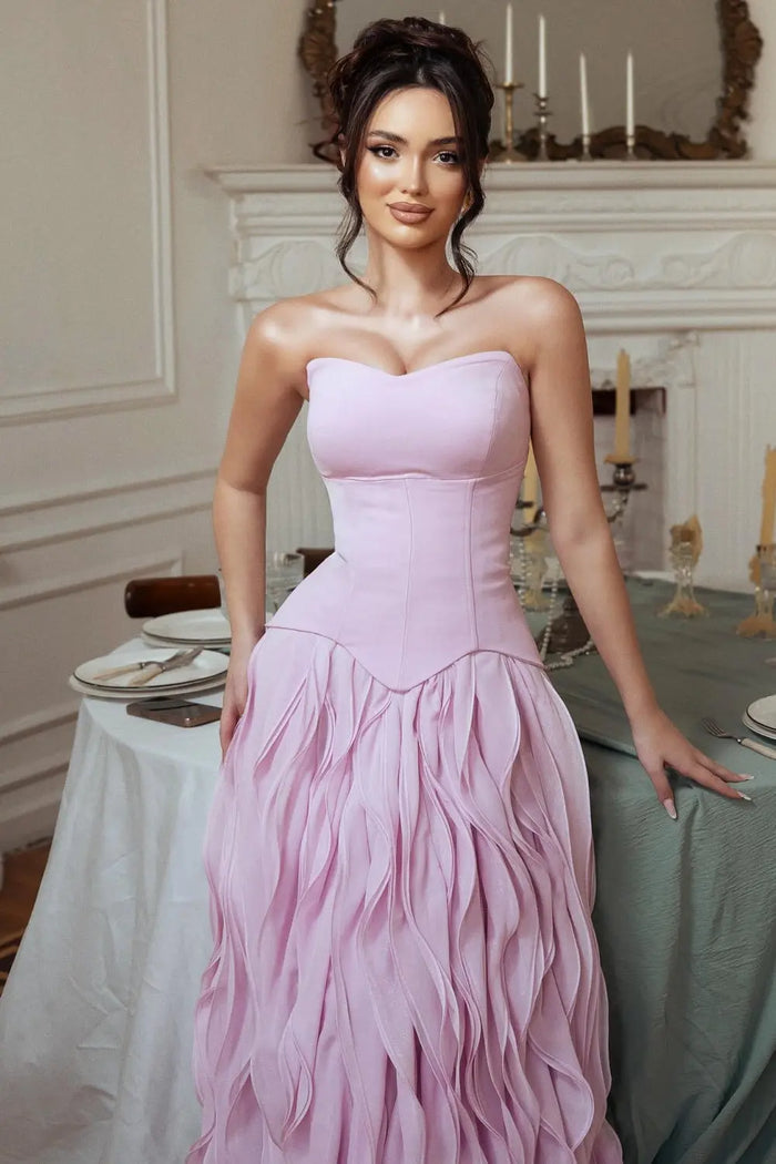Ruffled Chiffon Pink Strapless A-Line Evening Dress SF452 Sheer Fairy
