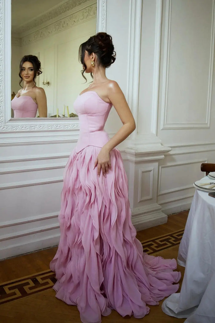 Ruffled Chiffon Pink Strapless A-Line Evening Dress SF452 Sheer Fairy