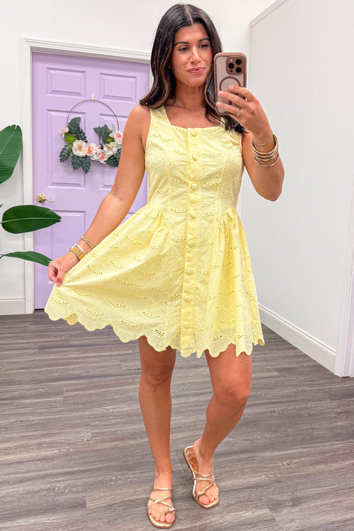 lemon yellow button front eyelet embroidery sleeveless flowy short dress