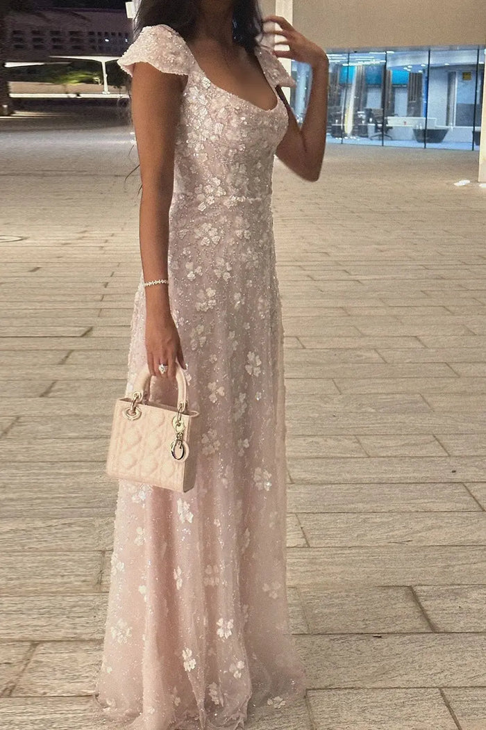 Simplicity Pink 3D Floral Lace Cap Sleeve A-Line Evening Dress SS602 Sheer Fairy