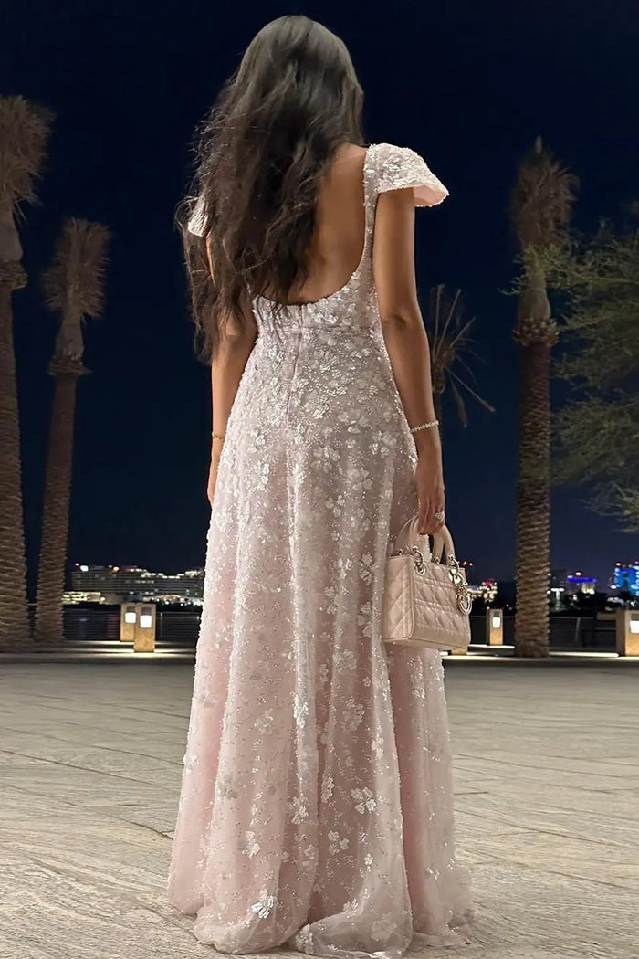 Simplicity Pink 3D Floral Lace Cap Sleeve A-Line Evening Dress SS602 Sheer Fairy