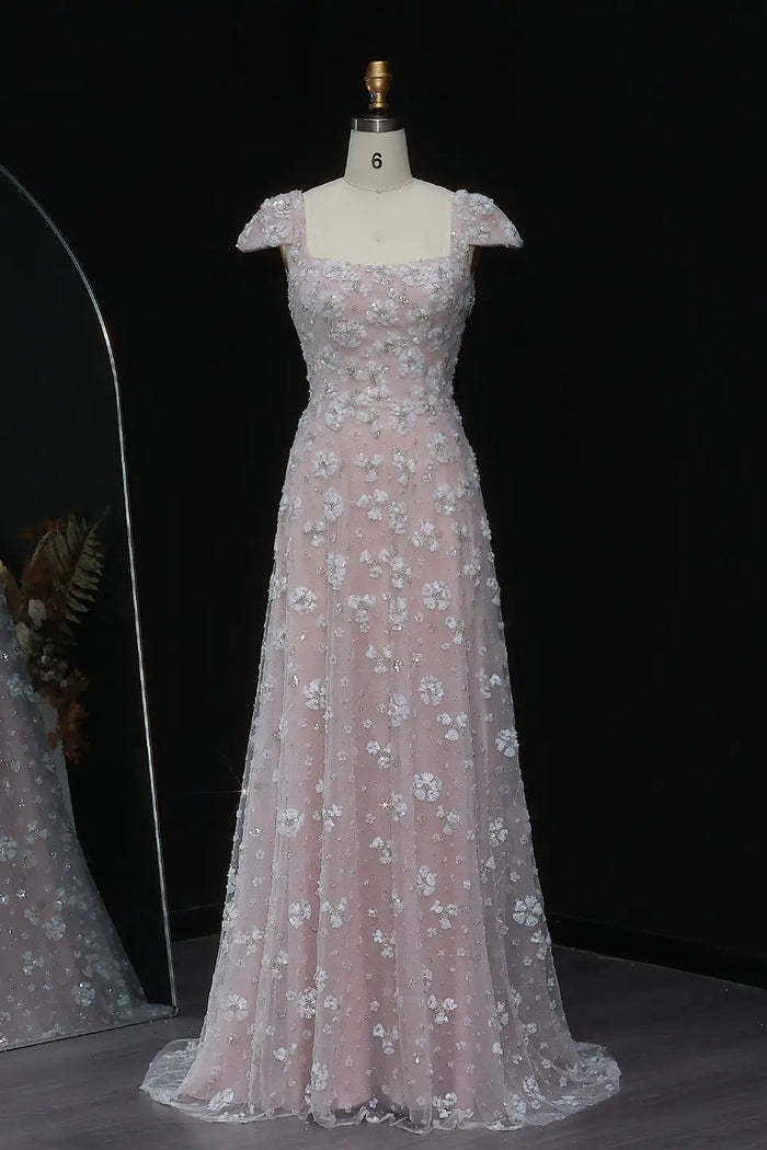Simplicity Pink 3D Floral Lace Cap Sleeve A-Line Evening Dress SS602 Sheer Fairy