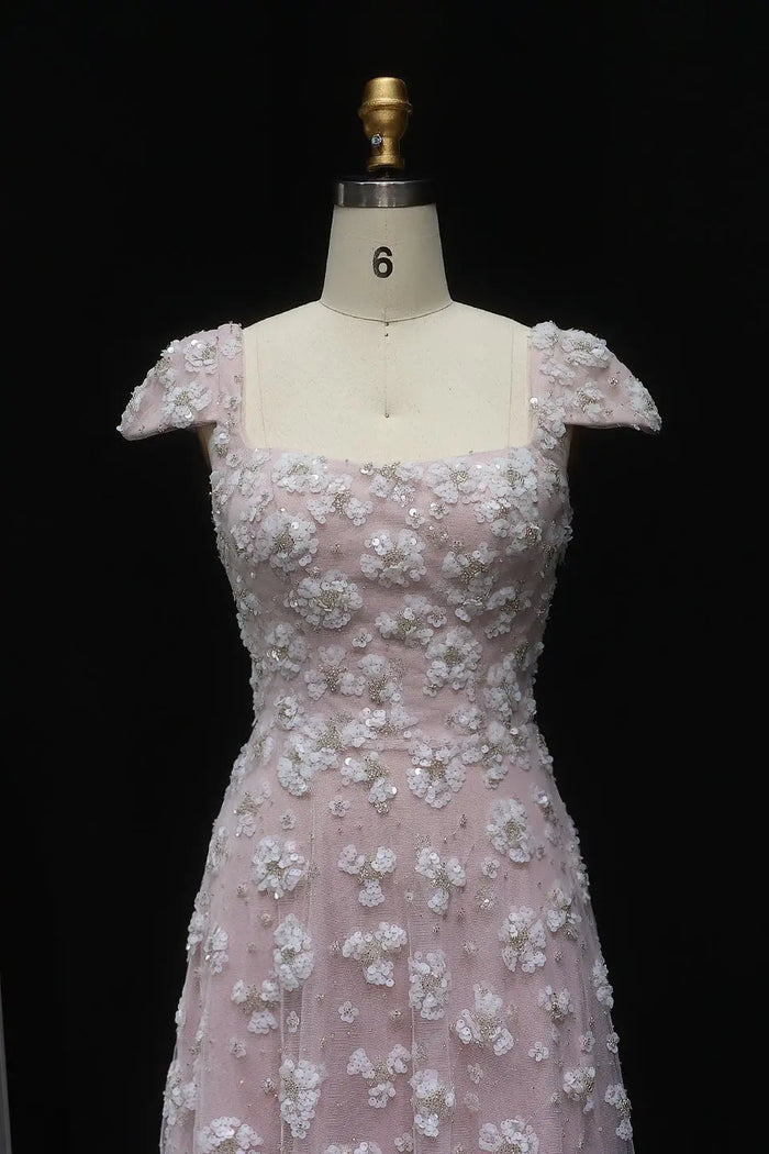 Simplicity Pink 3D Floral Lace Cap Sleeve A-Line Evening Dress SS602 Sheer Fairy