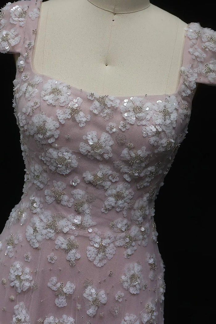 Simplicity Pink 3D Floral Lace Cap Sleeve A-Line Evening Dress SS602 Sheer Fairy
