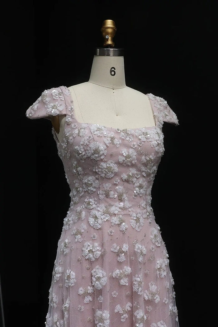 Simplicity Pink 3D Floral Lace Cap Sleeve A-Line Evening Dress SS602 Sheer Fairy