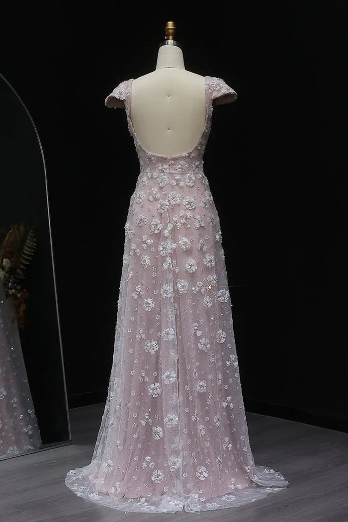 Simplicity Pink 3D Floral Lace Cap Sleeve A-Line Evening Dress SS602 Sheer Fairy