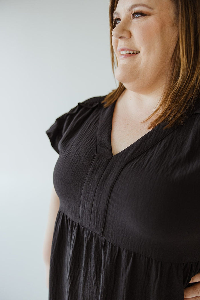 SOLID WOVEN TIERED DRESS WITH FLUTTER SLEEVE IN BLACK - Love Marlow
