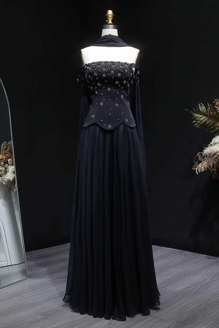 Strapless A-Line Black Chiffon Evening Dress SF467 Sheer Fairy