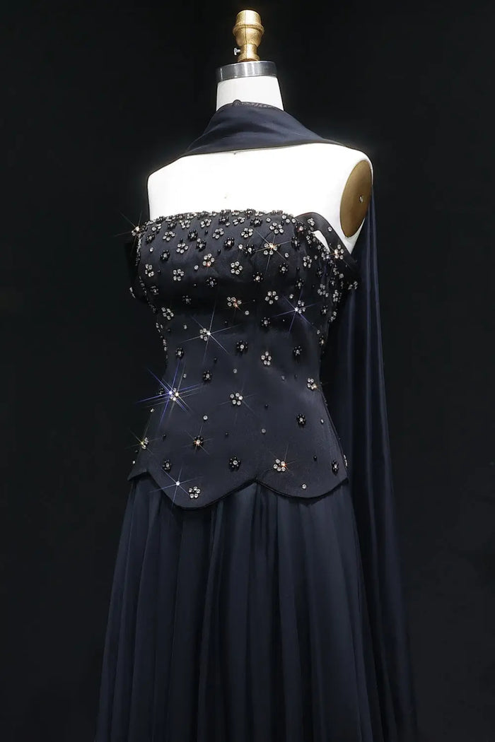 Strapless A-Line Black Chiffon Evening Dress SF467 Sheer Fairy