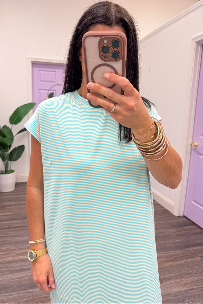 green and cream striped short sleeve crew neckline knit midi dress