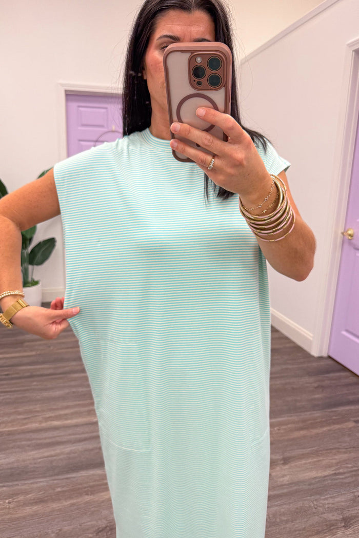 seafoam green and cream horizontal striped knit midi dress relaxed silhouette