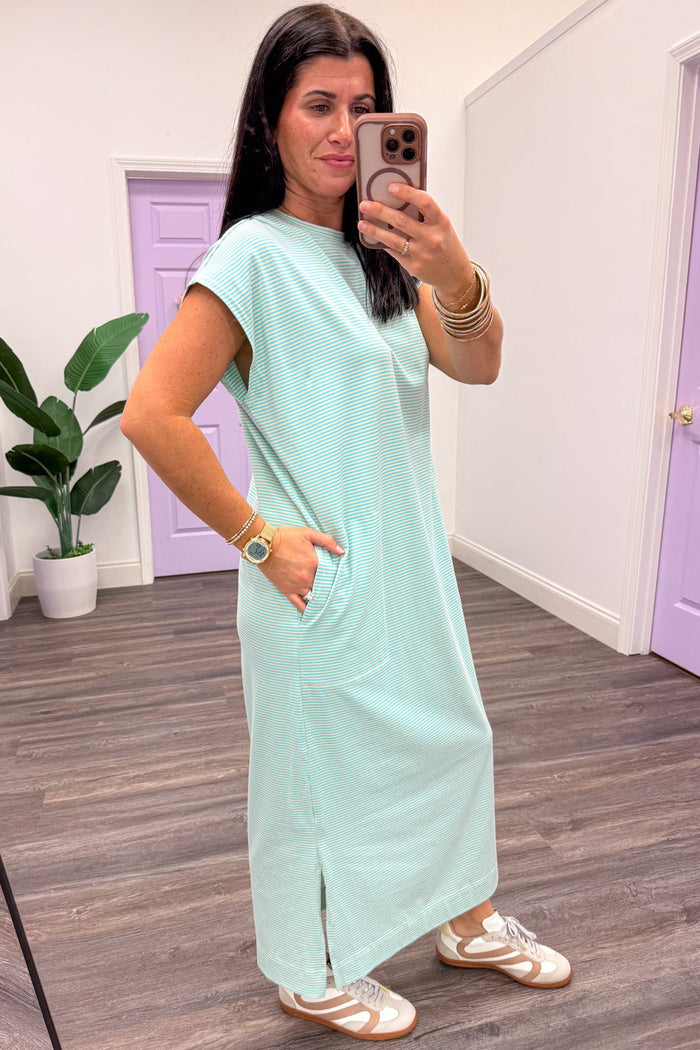 seafoam green and cream horizontal striped short sleeve knit midi dress side pockets