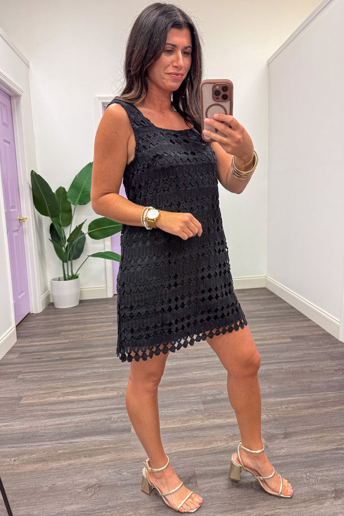 black embroidered sleeveless scalloped bottom hem mini dress