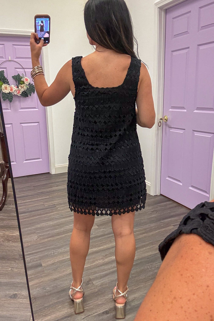 embroidered sleeveless scalloped bottom hem little black dress