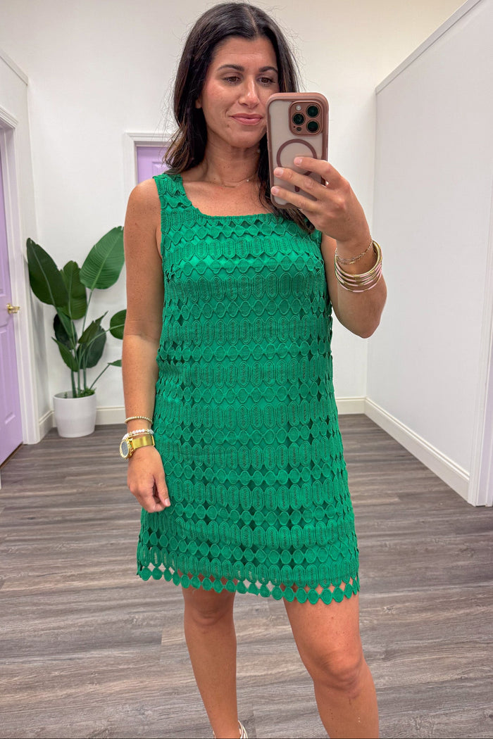 green embroidered sleeveless crew neckline scalloped bottom hem short dress