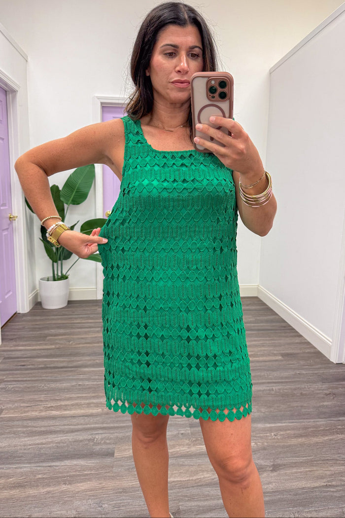 green embroidered sleeveless scallop hem relaxed silhouette short dress