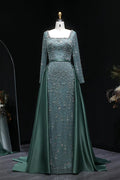 Teal Blue Beaded Square Neck A-Line Long Sleeve Evening Dress SS119 Sheer Fairy