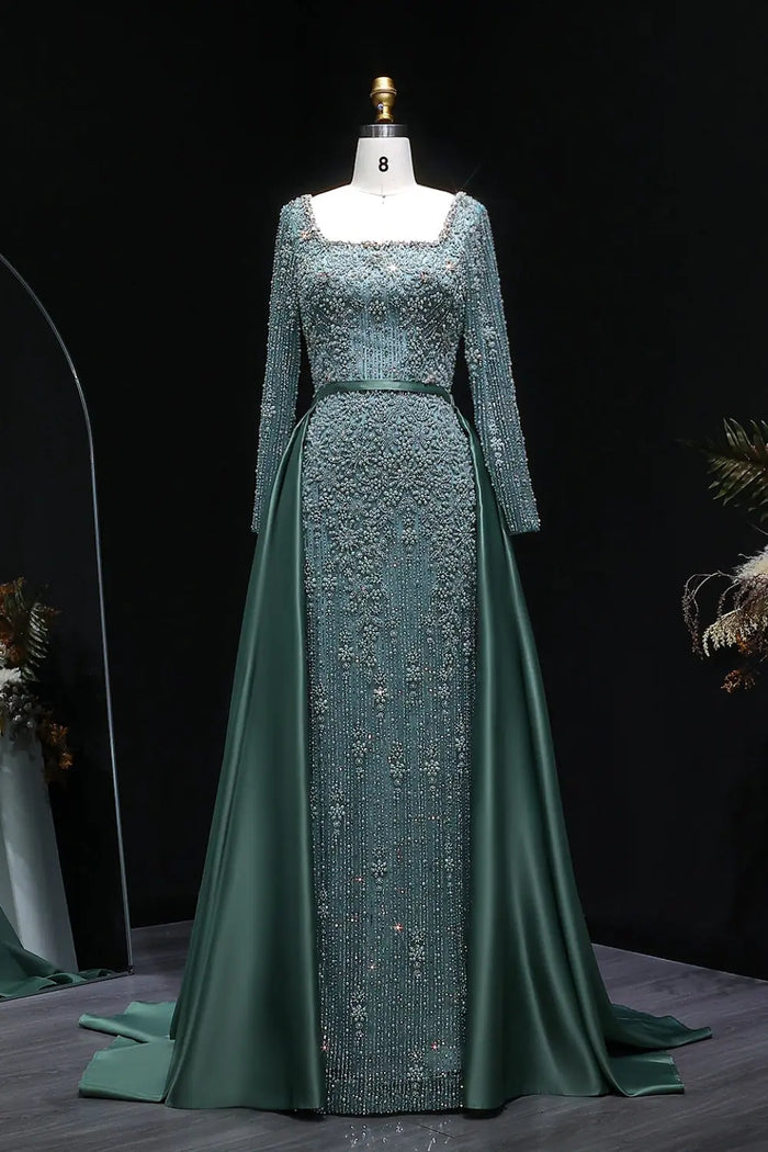 Teal Blue Beaded Square Neck A-Line Long Sleeve Evening Dress SS119 Sheer Fairy