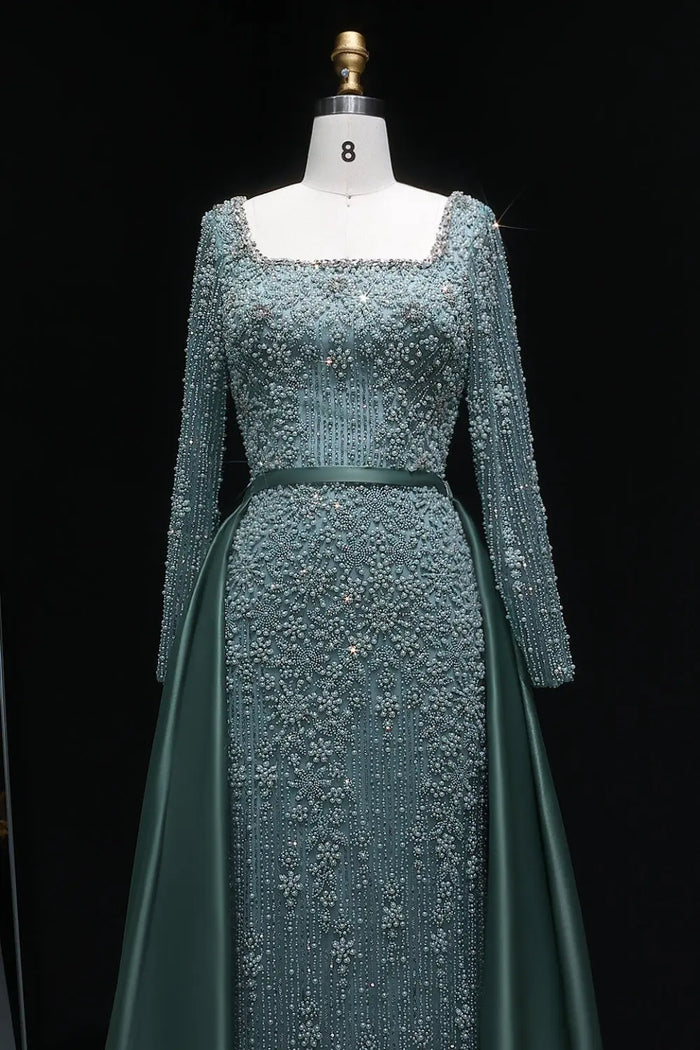 Teal Blue Beaded Square Neck A-Line Long Sleeve Evening Dress SS119 Sheer Fairy