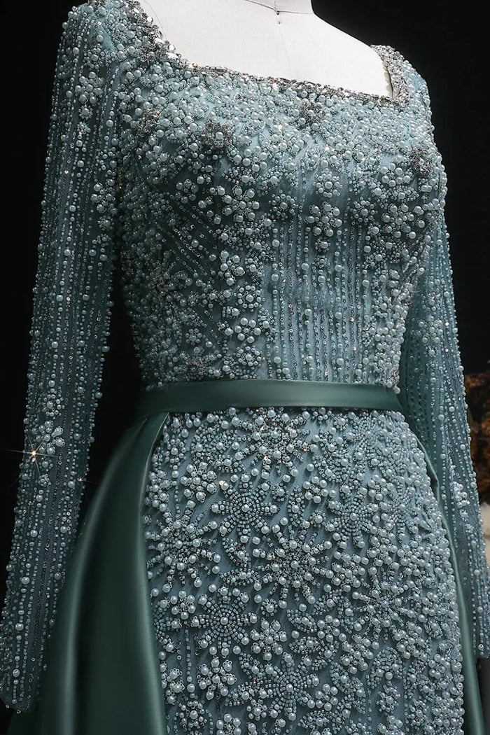 Teal Blue Beaded Square Neck A-Line Long Sleeve Evening Dress SS119 Sheer Fairy