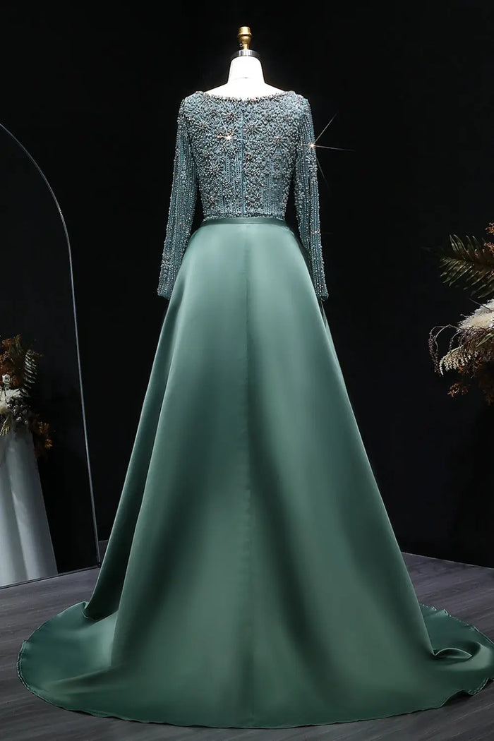 Teal Blue Beaded Square Neck A-Line Long Sleeve Evening Dress SS119 Sheer Fairy