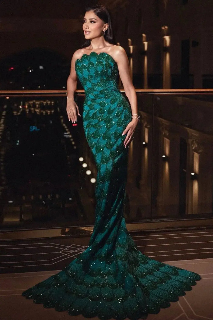 Teal Sequined Scalloped Strapless Mermaid Evening Dress SS601 Sheer Fairy