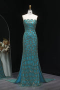 Teal Sequined Scalloped Strapless Mermaid Evening Dress SS601 Sheer Fairy