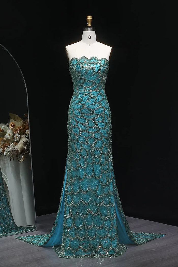 Teal Sequined Scalloped Strapless Mermaid Evening Dress SS601 Sheer Fairy