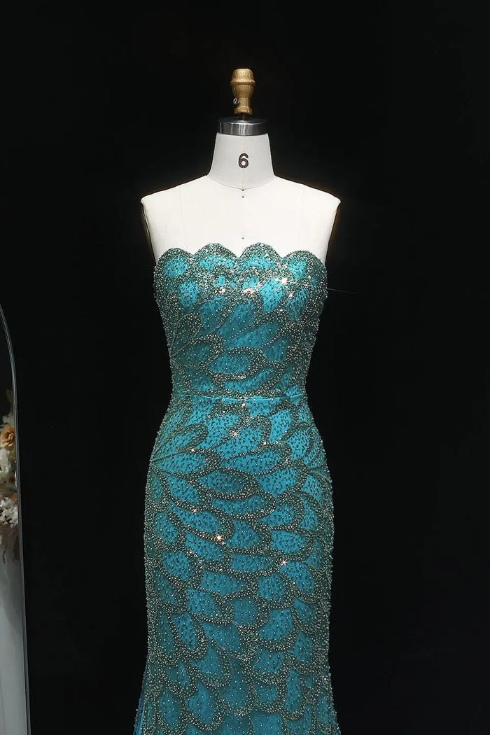 Teal Sequined Scalloped Strapless Mermaid Evening Dress SS601 Sheer Fairy