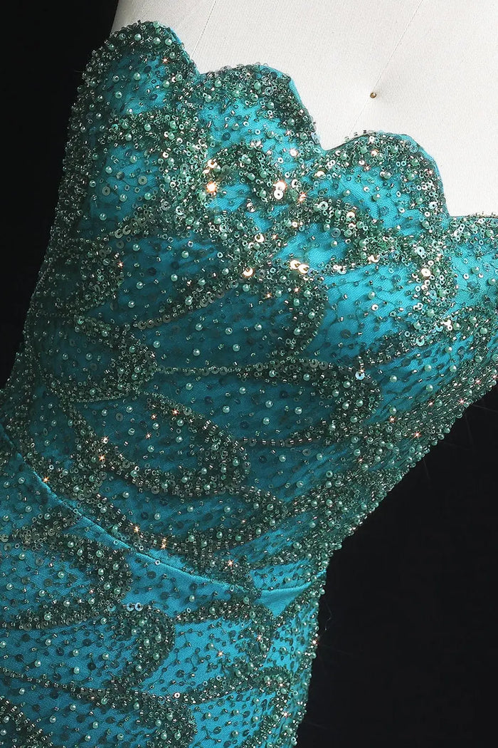 Teal Sequined Scalloped Strapless Mermaid Evening Dress SS601 Sheer Fairy