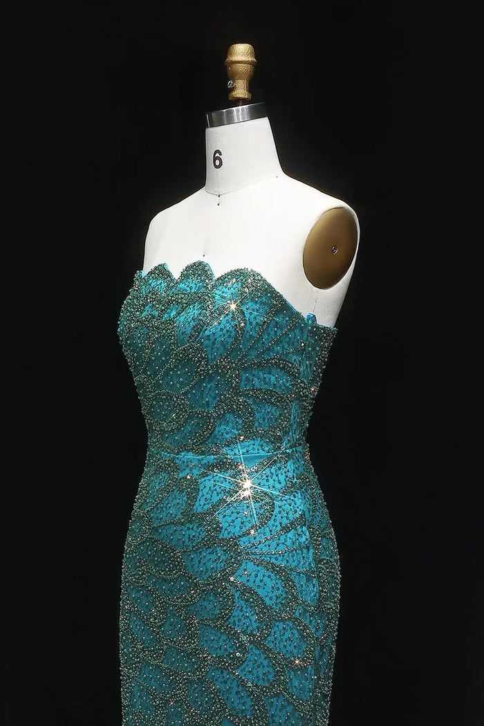Teal Sequined Scalloped Strapless Mermaid Evening Dress SS601 Sheer Fairy