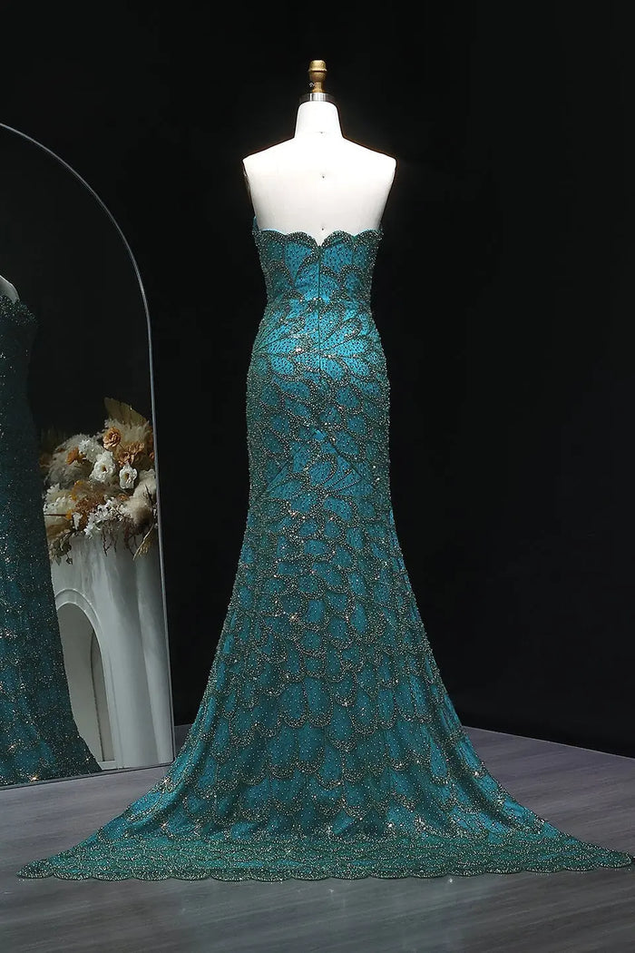 Teal Sequined Scalloped Strapless Mermaid Evening Dress SS601 Sheer Fairy