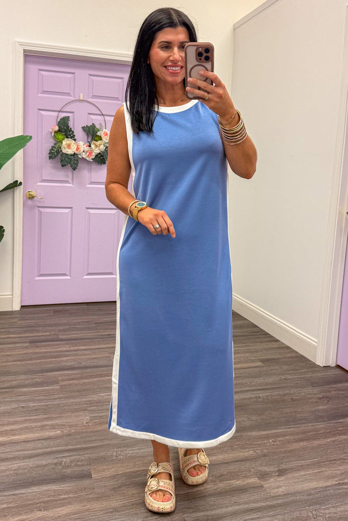 light blue white trim detail sleeveless lightweight scuba knit midi dress