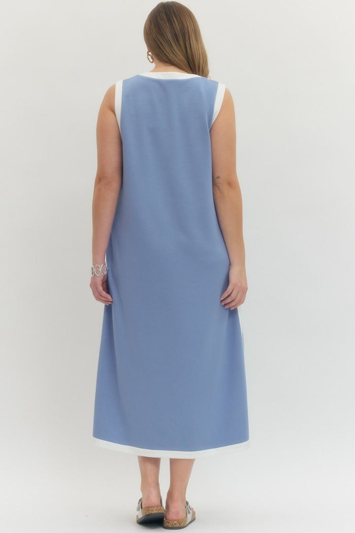 Women's plus size blue scuba midi with white contrast trim