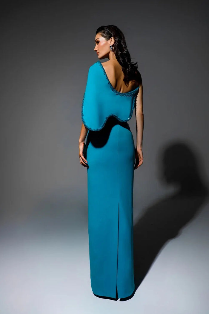 Turquoise Asymmetric One-Shoulder Sheath Blue Evening Dress SF403 Sheer Fairy