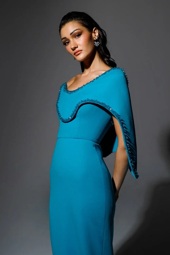 Turquoise Asymmetric One-Shoulder Sheath Blue Evening Dress SF403 Sheer Fairy
